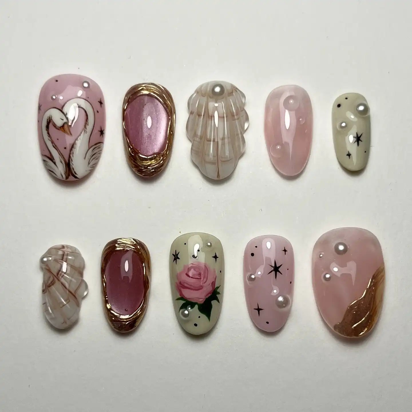 Handmade Romantic Swan Pink Rose Pearl Gem Accent Press on Nails B28