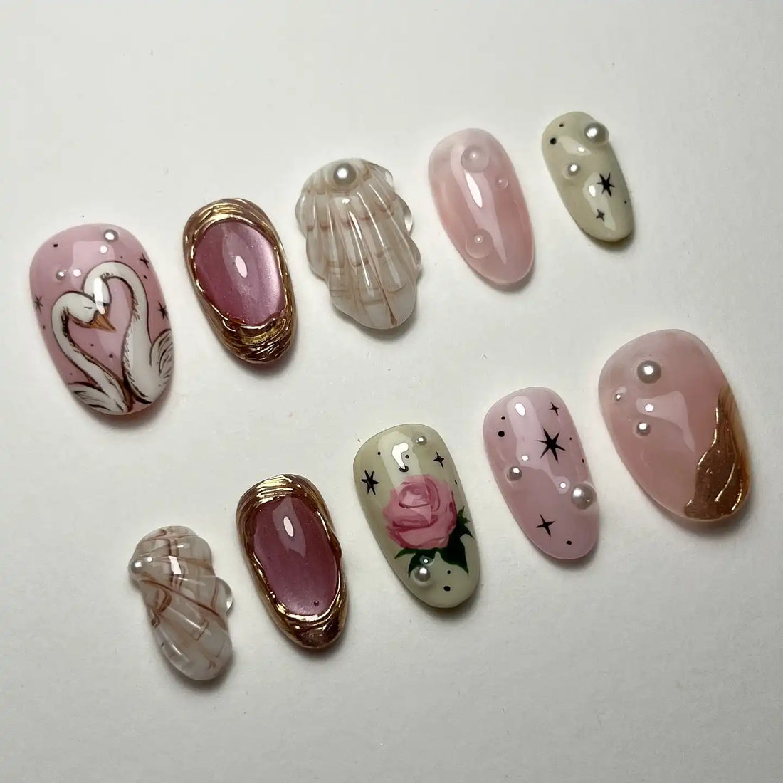 Handmade Romantic Swan Pink Rose Pearl Gem Accent Press on Nails B28