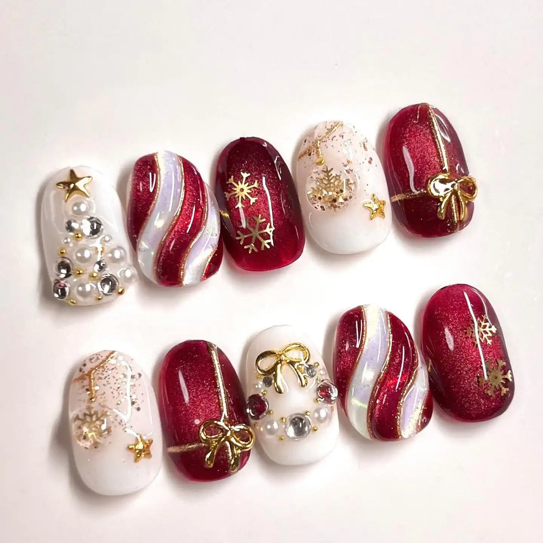 Handmade Ruby Glitter Christmas Tree Gold Bow Snowflake Press on Nails Z41