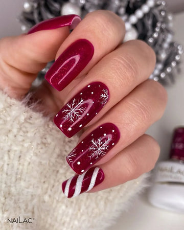 Handmade Ruby Glitter Snowflake Candy Cane Winter Art Press on Nails D88