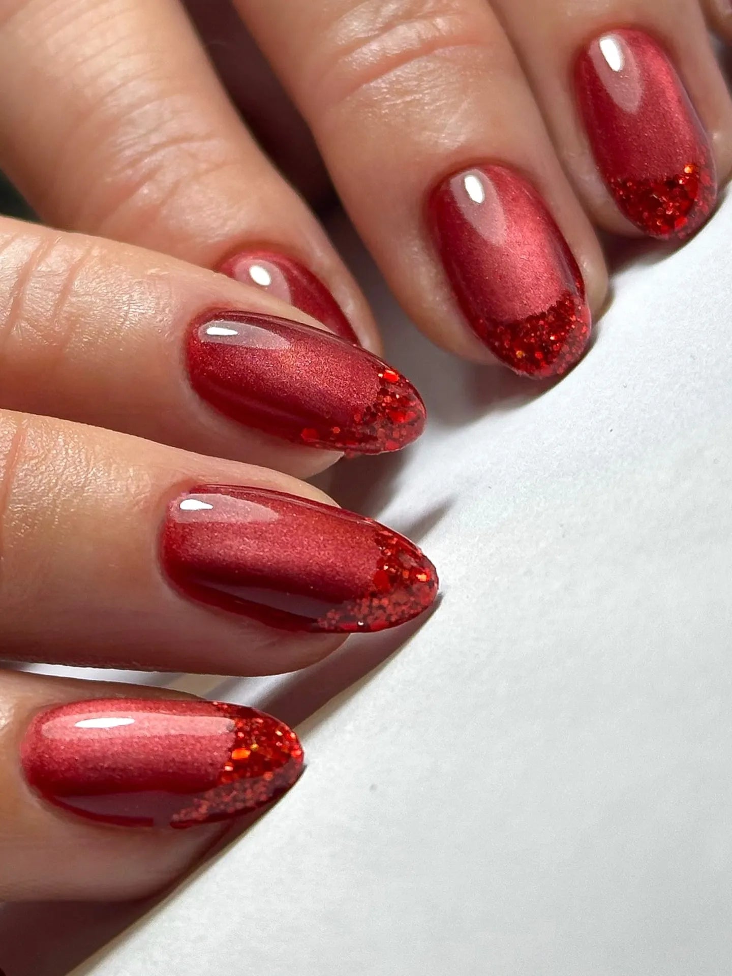 Handmade Ruby Red Shimmer Glitter Gradient French Tip Press on Nails M ...