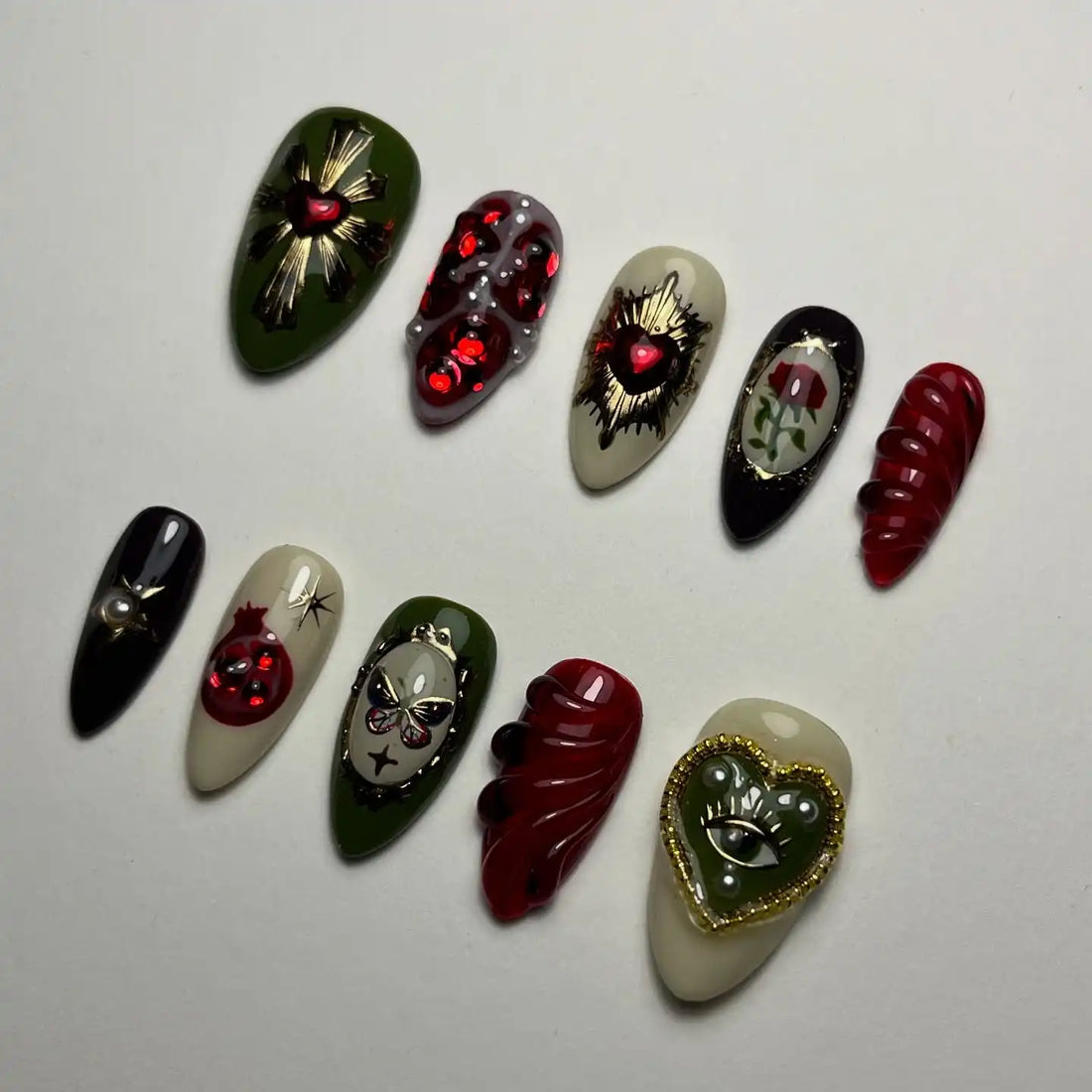 Handmade Sacred Heart Gothic Rose Red Green Charm Press on Nails S21