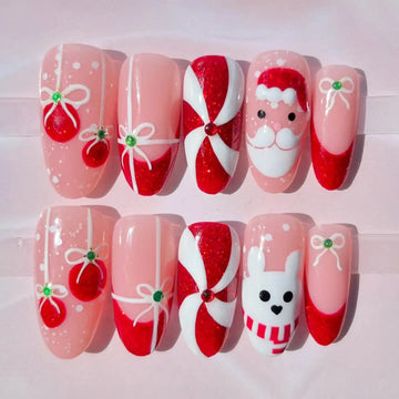 Handmade Santa Bunny Candy Cane Red Christmas Press on Nails S14