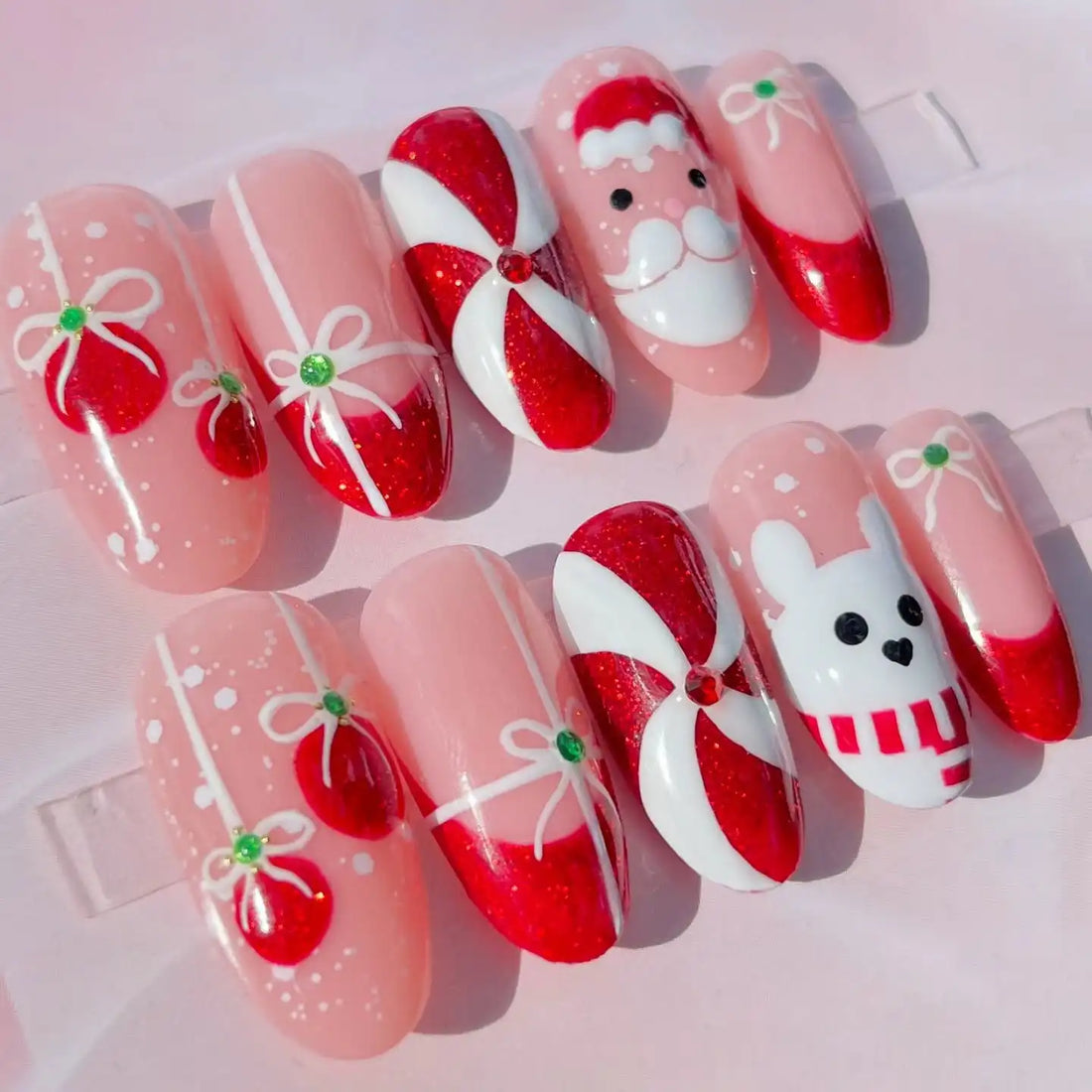 Handmade Santa Bunny Candy Cane Red Christmas Press on Nails S14