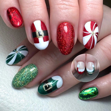 Handmade Santa Claus Red Green Holiday Glitter Stripe Press on Nails Z96