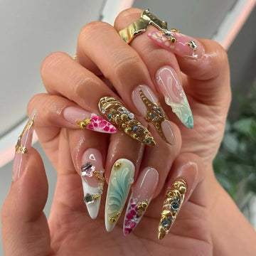 Handmade Sculpted Gold Charm Gemstone Mint Pink Accent Press on Nails G67