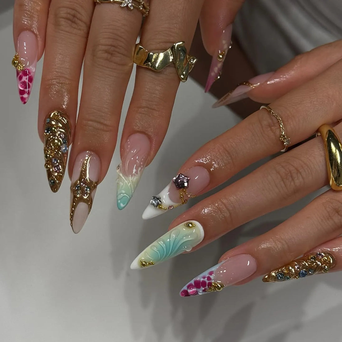 Handmade Sculpted Gold Charm Gemstone Mint Pink Accent Press on Nails G67