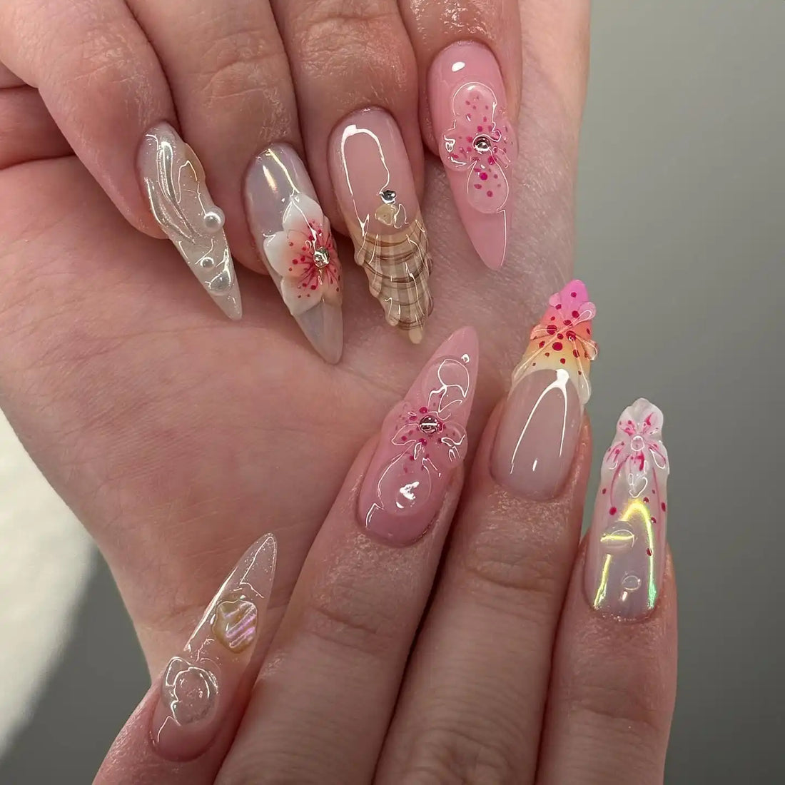 Handmade Seashell Blossom Bright Summer Spring Fake Nails U71