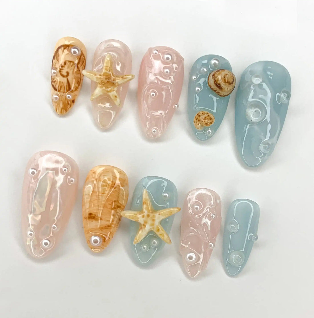 Handmade Seashell Starfish Nude Blue 3D Beachcore Summer Press on Nails R13