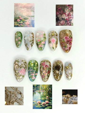 Handmade press-on nails with rococo pink rose designs, gold filigree, floral and water lily art accents