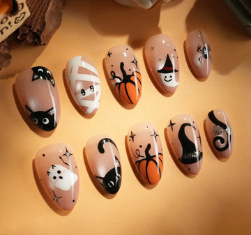 Handmade Sheer Nude Black Cat Mummy Ghost Spider Witch Hat Press on Nails QF2