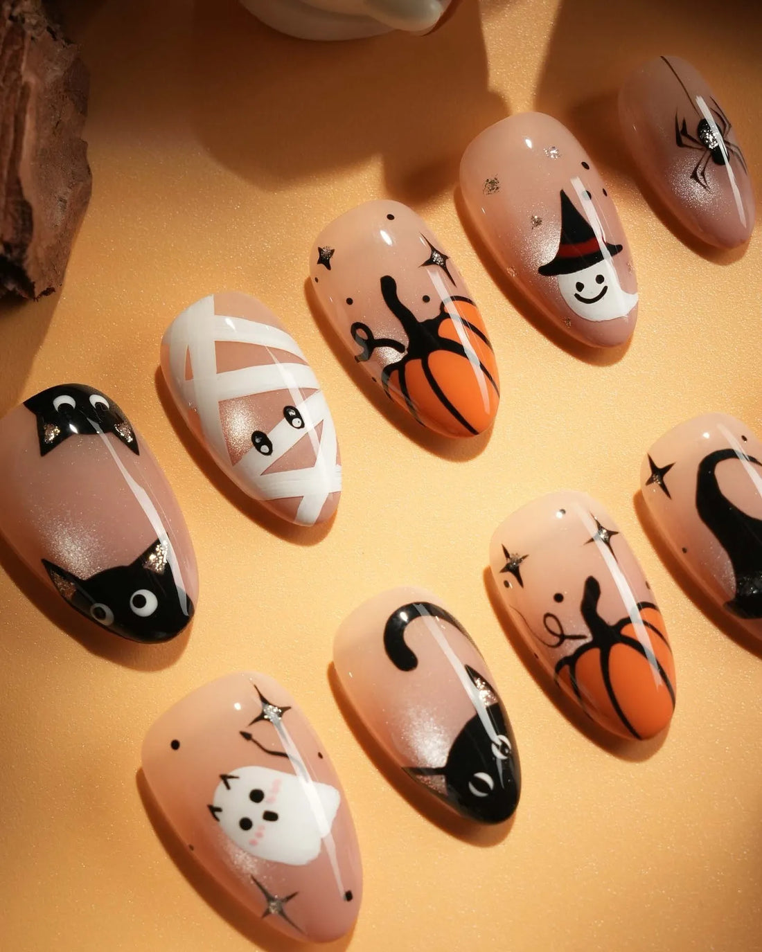 Handmade Sheer Nude Black Cat Mummy Ghost Spider Witch Hat Press on Nails QF2