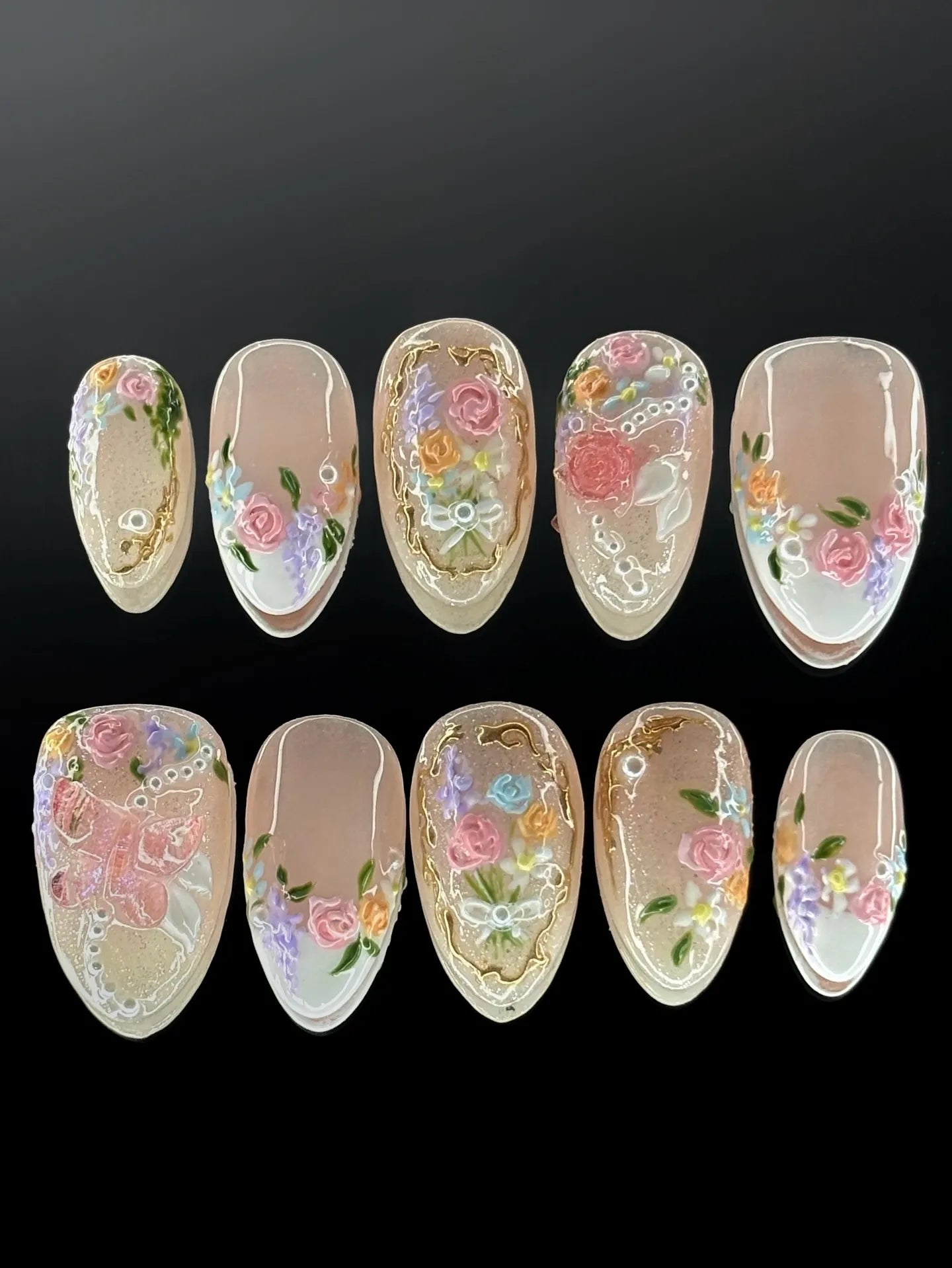 Handmade 3D floral press-on nails with pearls, gold filigree, and rose garden design
