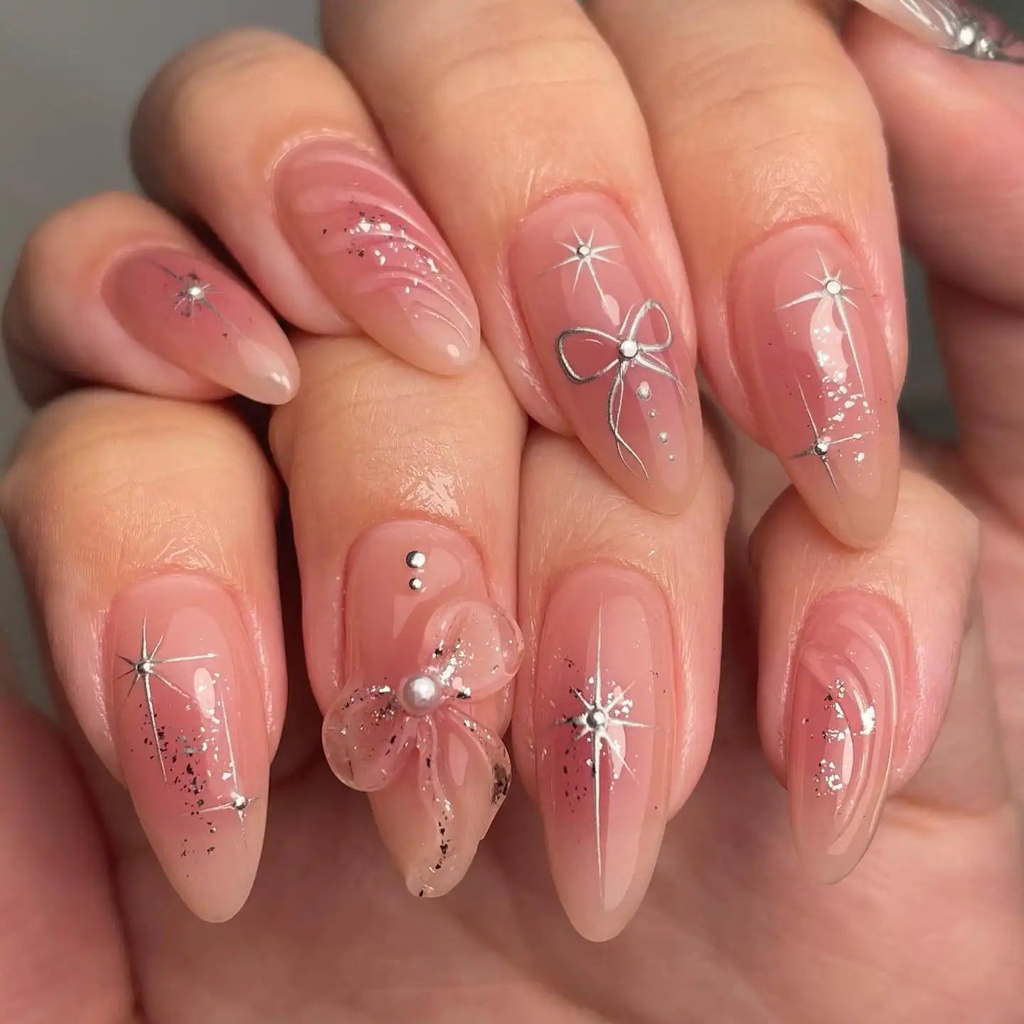 Handmade Silver Butterfly Star in Pink and 3D Bow Press-on Nails W27