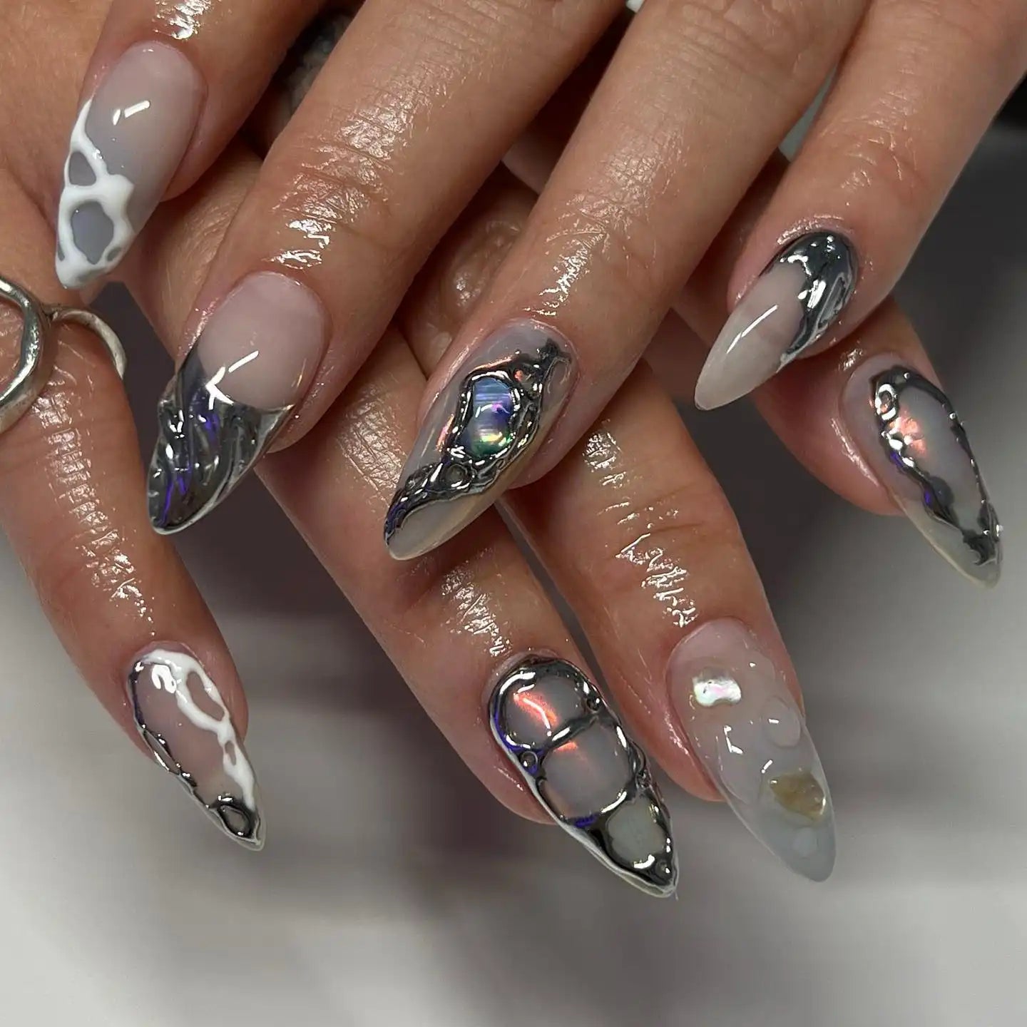 Handmade Silver Chrome Mirror Freestyle Press on Nails T48