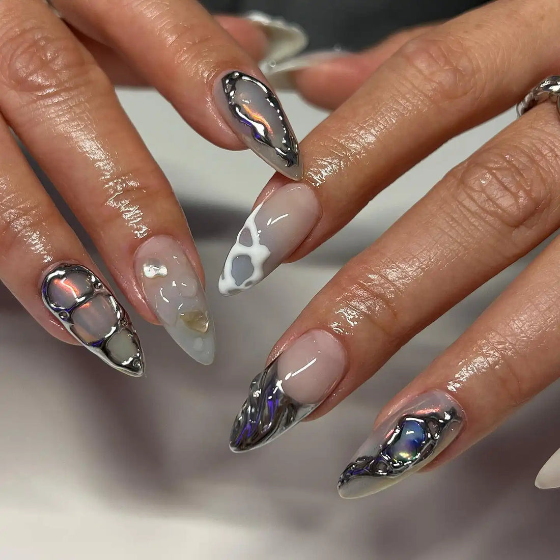 Handmade Silver Chrome Mirror Freestyle Press on Nails T48