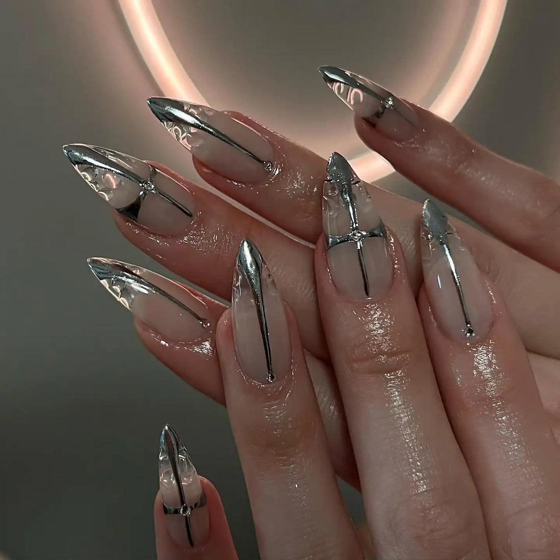 Handmade Silver Chrome Press on Nails H55