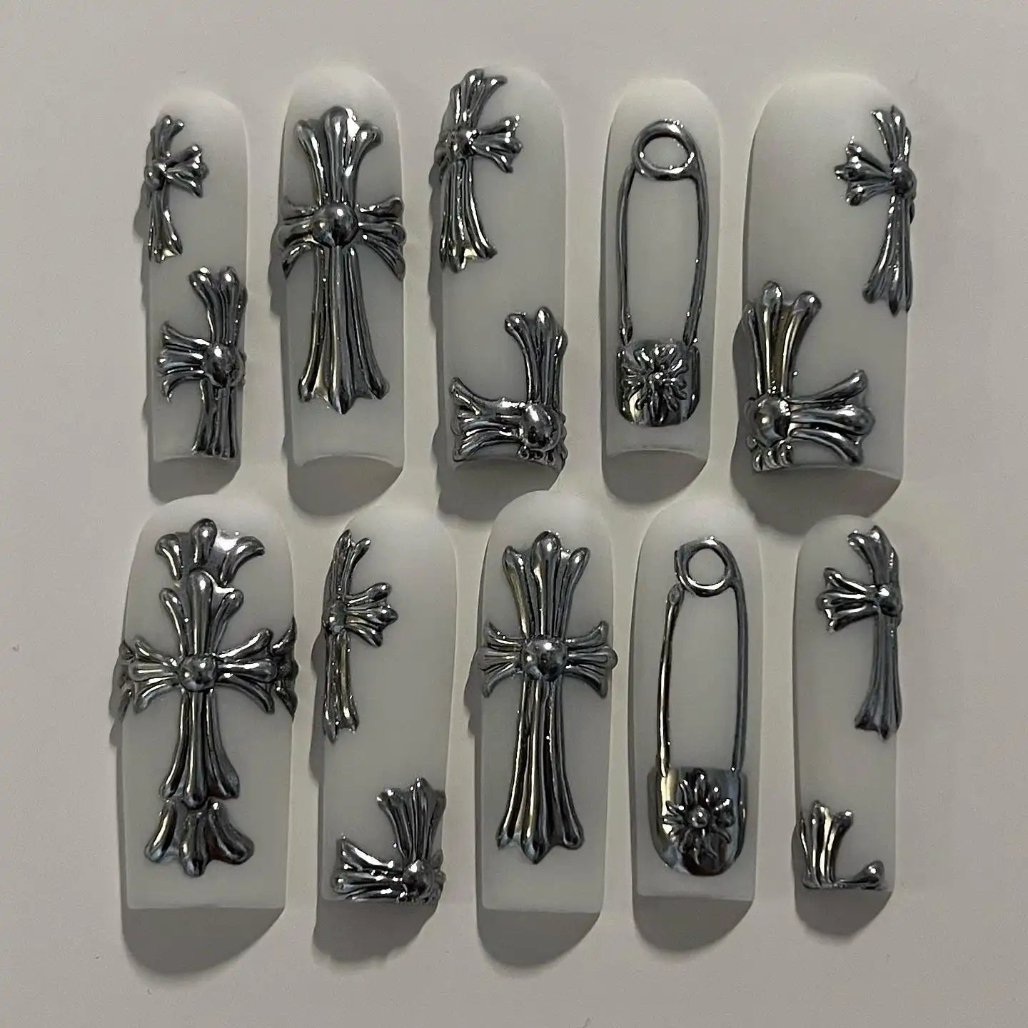 Handmade Silver Cross and Pin Press on Nails Z05