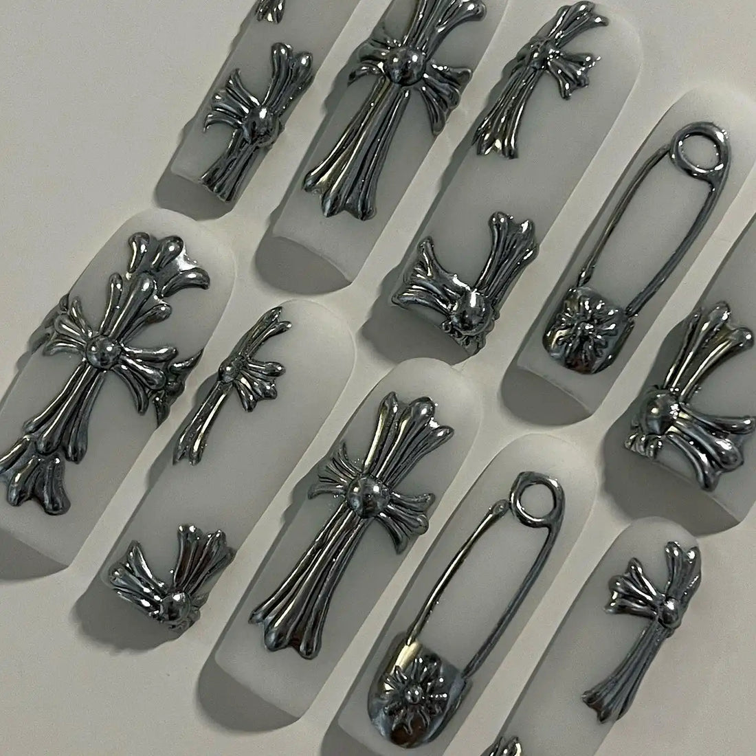 Handmade Silver Cross and Pin Press on Nails Z05