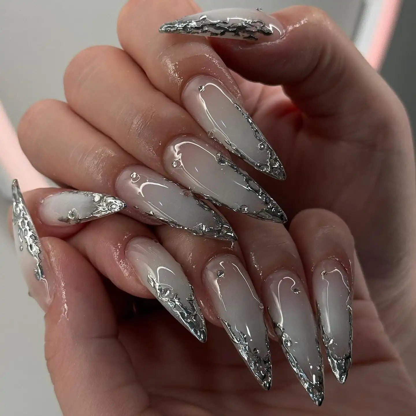 Handmade Silver Framed White Ombre Press on Nails B14
