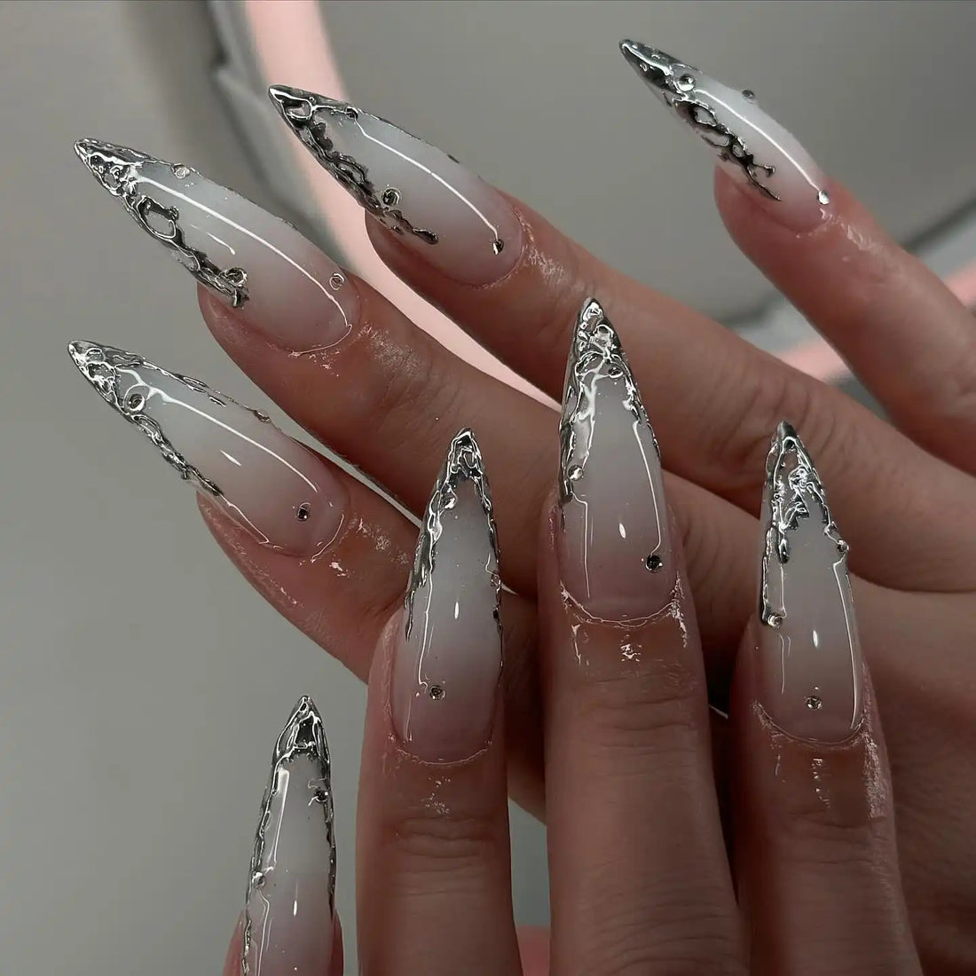 Handmade Silver Framed White Ombre Press on Nails B14