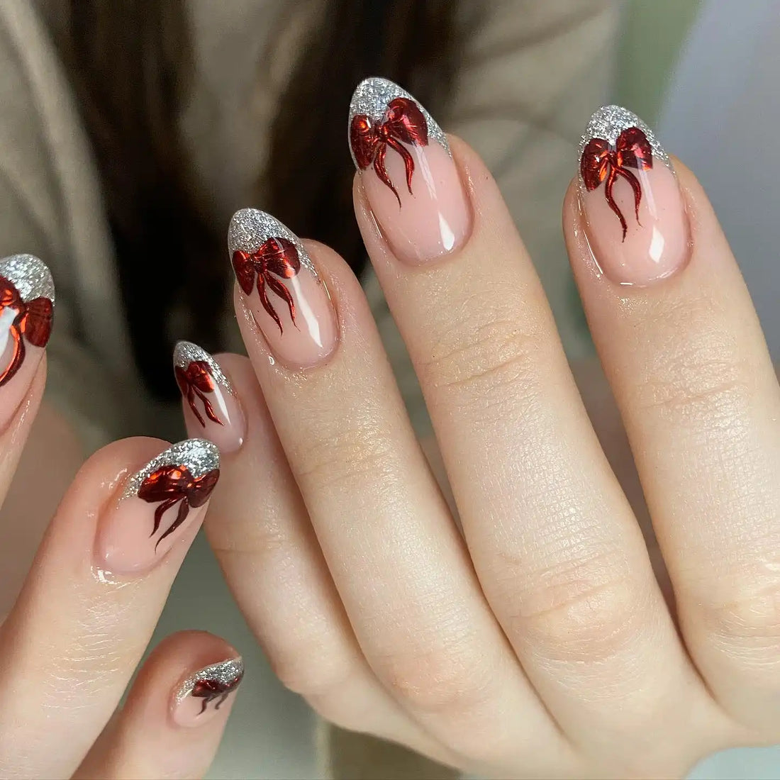 Handmade Silver Glitter Red Bow Christmas Nude Elegant Press on Nails K45