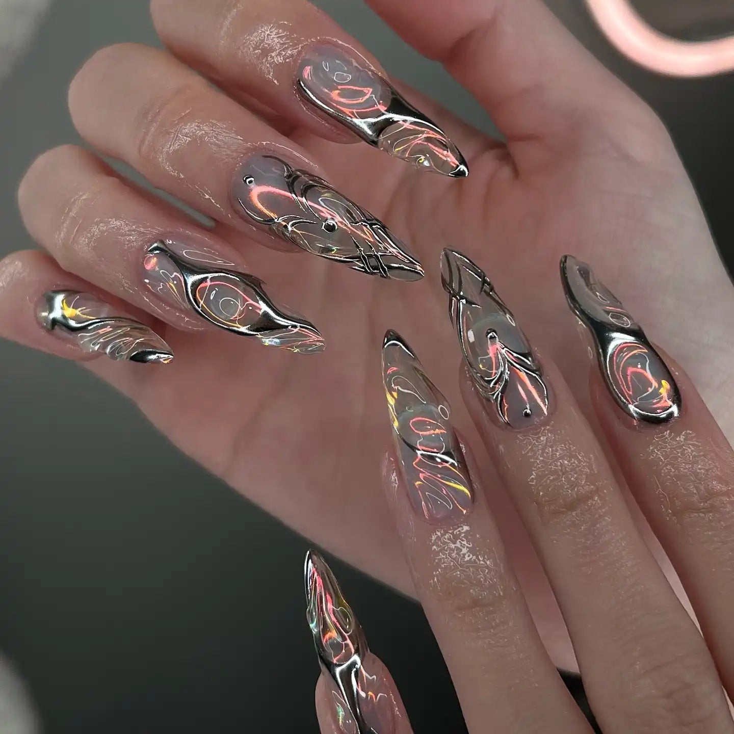 Handmade Silver Heart Chrome Mirror Fake Nails S38