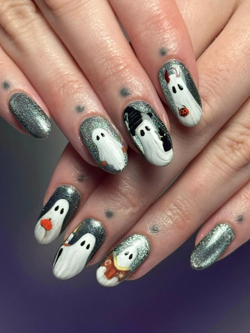 Handmade Silver Metallic Shimmer Cute Storybook Ghost Halloween Press on Nails QB0