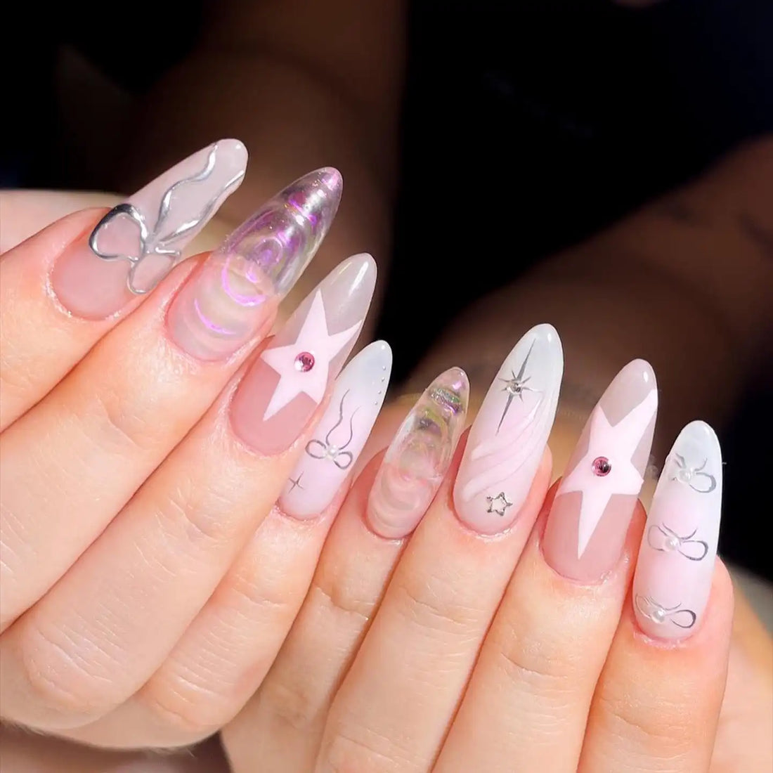 Handmade Silver Ribbon and Pink Star Press on Nails H40