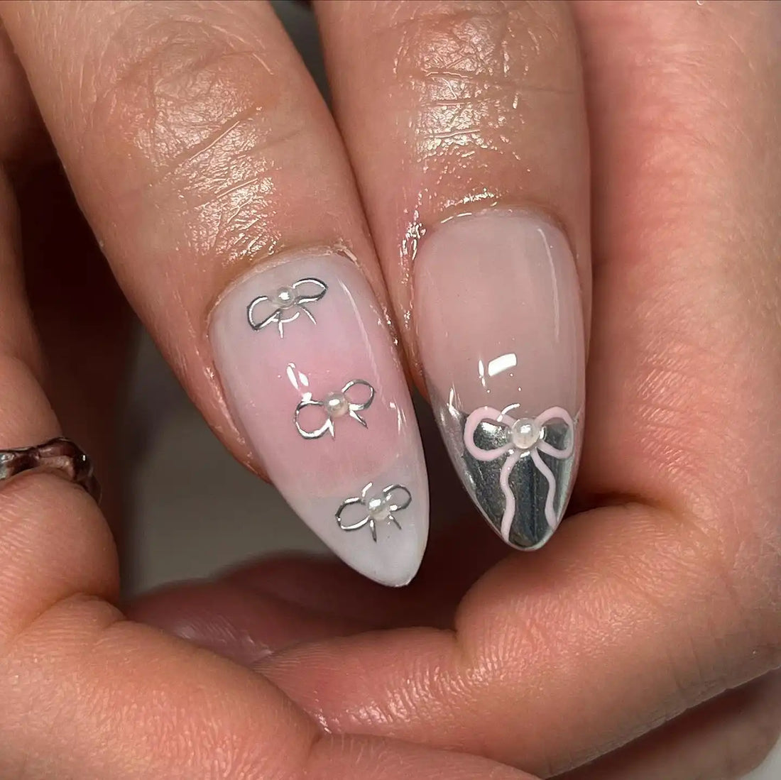Handmade Silver Ribbon and Star Pink Press on Nails E13