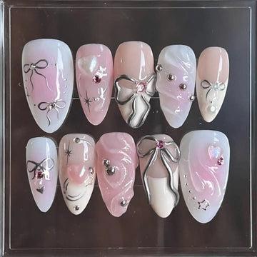 Handmade Silver Ribbon in Pink Background Press on Nails U21