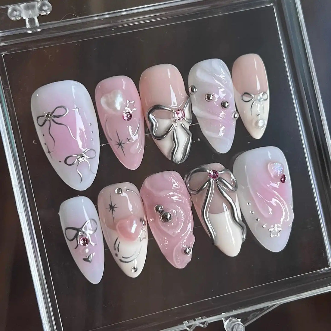 Handmade Silver Ribbon in Pink Background Press on Nails U21