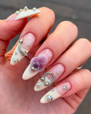 Handmade Silver Stud Floral French Tip Minimalist Press on Nails Z19