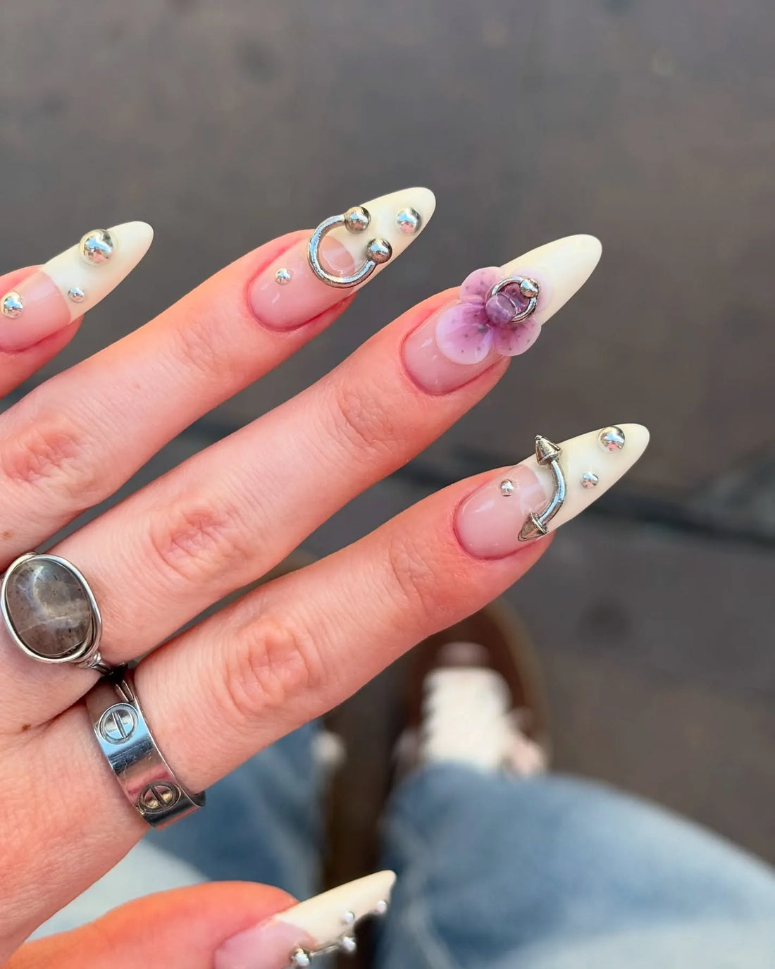 Handmade Silver Stud Floral French Tip Minimalist Press on Nails Z19