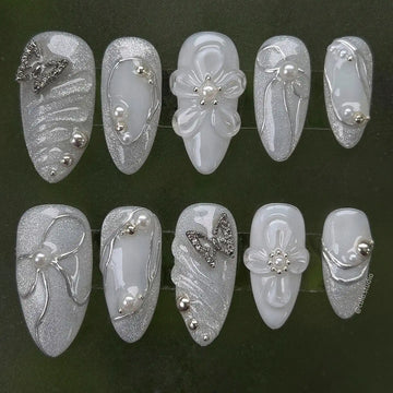 Handmade Silver White Butterfly Pearl 3D Elegant Bridal Press on Nails U04