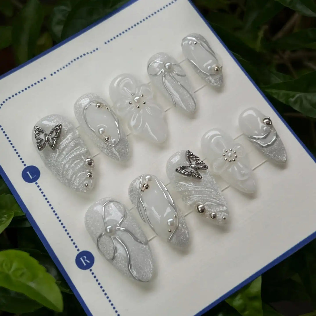 Handmade Silver White Butterfly Pearl 3D Elegant Bridal Press on Nails U04