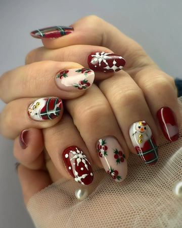 Handmade Snowman Snowflake Holly Red Green Christmas Winter Press on Nails P34