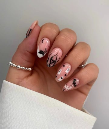 Handmade Soft Pink Black Cat Ghost Flame Bat Crescent Moon Press on Nails QE5