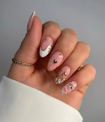 Handmade Soft Pink Ghost French Tip Gold Chrome Bow Spiderweb Press on Nails QE3