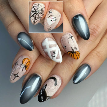 Handmade Spooky Grey Mummy Cat Pumpkin Spider Web Halloween Press on Nails PW3