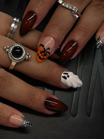 Handmade Spooky Halloween 3D Ghost Pumpkin Spiderweb Dark Press on Nails PS7