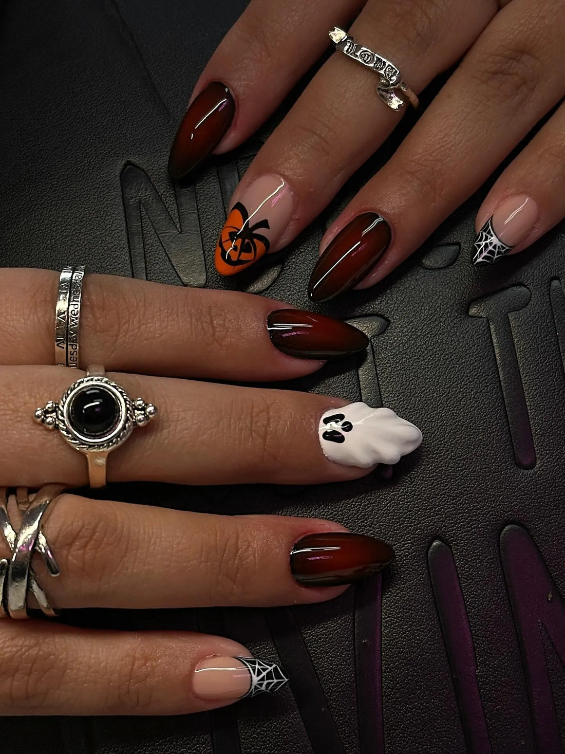 Handmade Spooky Halloween 3D Ghost Pumpkin Spiderweb Dark Press on Nails PS7