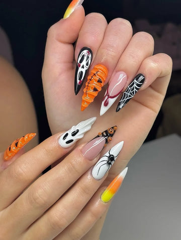 Handmade Spooky Halloween 3D Pumpkin Ghost Face Blood Drip Spider Fake Nails PX8