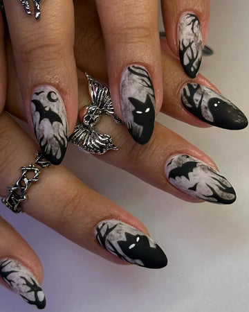 Handmade Spooky Halloween Black Cat Bat and Haunted Tree Silhouette Fake Nails PT2