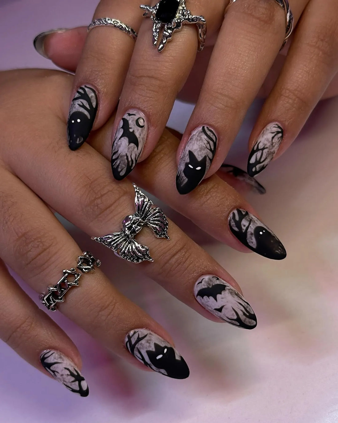 Handmade Spooky Halloween Black Cat Bat and Haunted Tree Silhouette Fake Nails PT2