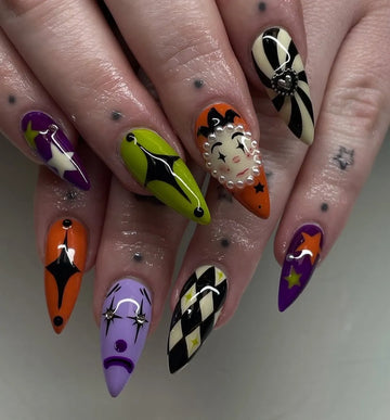 Handmade Spooky Halloween Colorful Circus Pierrot Clown Portrait Press on Nails PX6