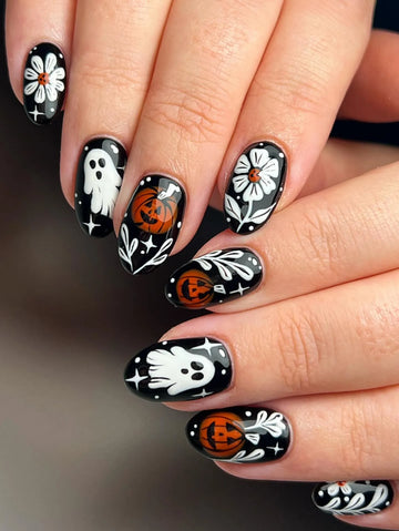 Handmade Spooky Halloween Daisy Flower Ghost Pumpkin Press on Nails QA1