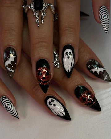 Handmade Spooky Halloween Glitter Jack-o-Lantern Ghost Bat Press on Nails PT1