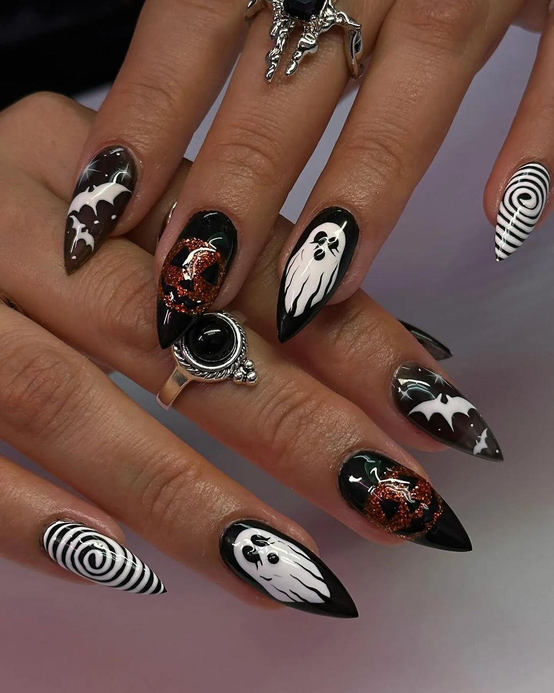 Handmade Spooky Halloween Glitter Jack-o-Lantern Ghost Bat Press on Nails PT1