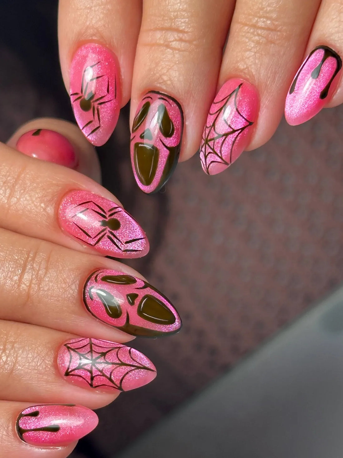 Handmade Spooky Halloween Pink Cat Eye Ghost-face Scream Spider Web Fake Nails PU0